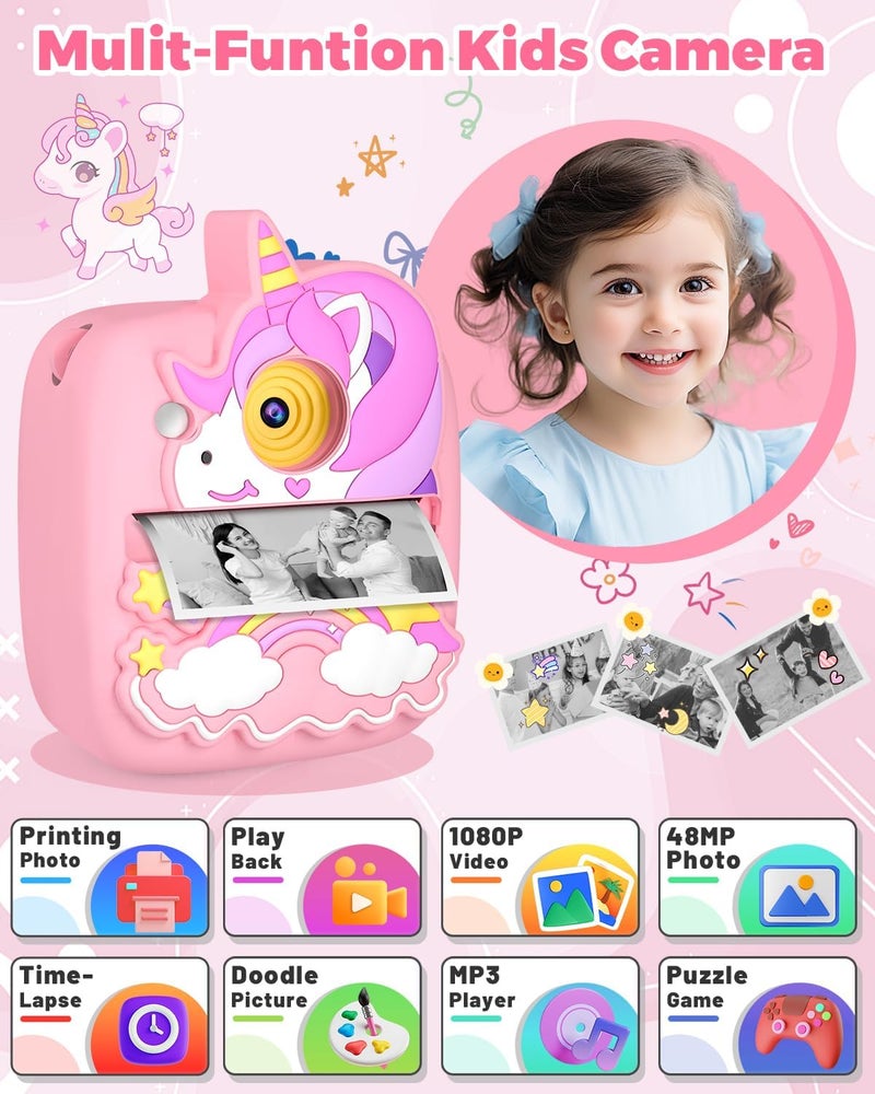 YINGOOT Kids Camera Instant Print, Christmas Birthday Gifts for Girls Age 3-8, 48MP &1080P Children Camera with Photo Paper, Portable Toy Instant Camera for Kids 3 4 5 6 7 8 9 10 Year Old Girls - Image 2